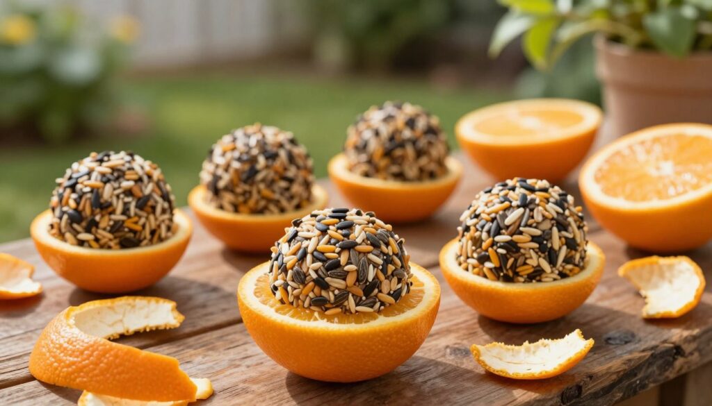 A vibrant display of bird fat balls nestled in orange peels, arranged on a rustic wooden surface. In the foreground, focus on a bright, fresh orange cut in half, revealing its textured, juicy interior filled with a ball of bird feed, coated in seeds, grains, and nuts, giving it a natural, wholesome look. Around it, scattered orange peels with their vivid colors enhances the visual appeal. In the middle ground, various fat balls are crafted in different sizes, each suspended artistically, some partially covered in seeds, while a few more orange halves add to the composition. The background features a soft, blurred garden setting with greenery, hinting at a sunny day. Warm, natural lighting creates a cheerful and inviting atmosphere, perfect for showcasing this creative bird feeder idea.