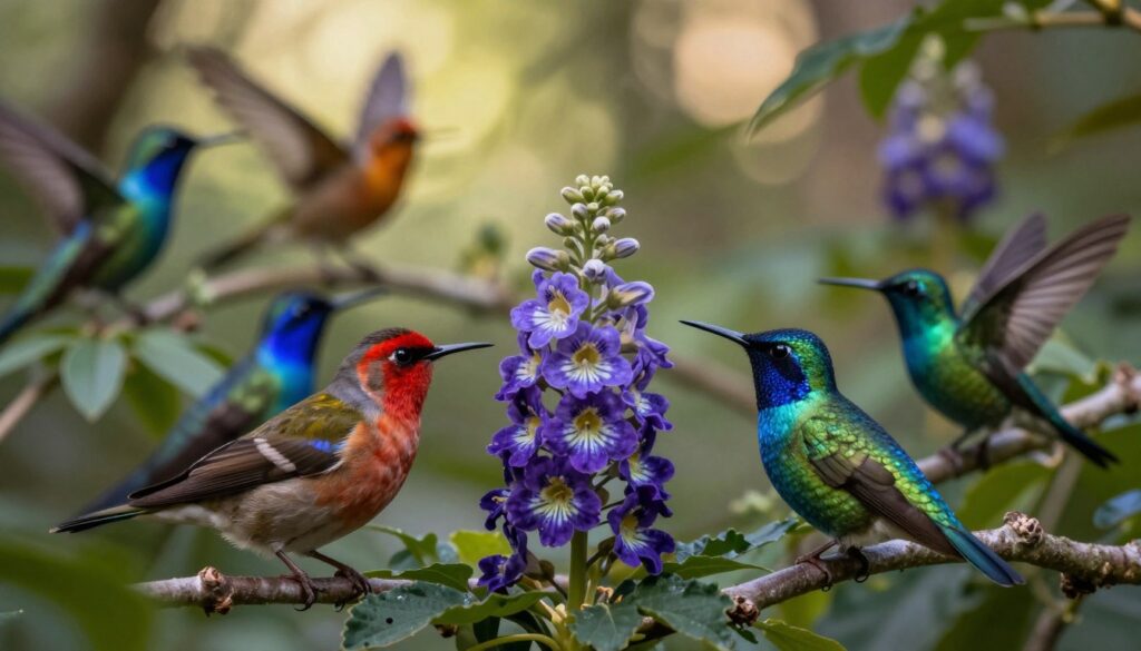 A vibrant forest scene showcasing a variety of colorful birds, like finches and hummingbirds, engaged in communication amidst lush foliage. The birds are depicted with ultraviolet (UV) markings, glowing subtly against the natural colors of their plumage in the foreground. In the middle, a cascade of flowers displays their intricate patterns visible only under UV light, enhancing the sense of hidden beauty. The background features soft, dappled sunlight streaming through trees, illuminating the scene with a warm, inviting glow. Use a close-up, macro lens perspective to emphasize the details of the birds and flowers, creating a sense of wonder and enchantment, highlighting the UV spectrum's role in avian communication.