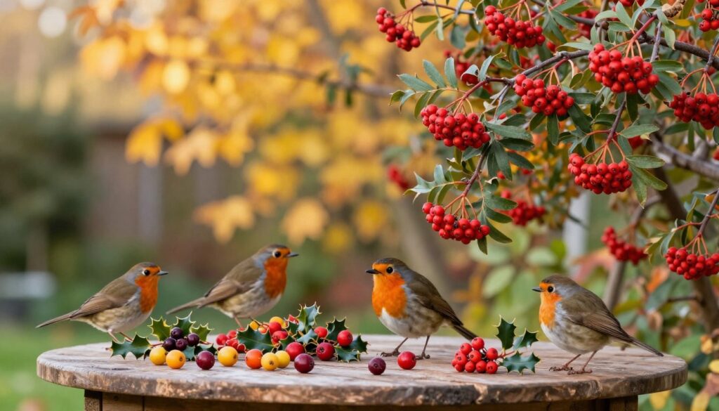 A vibrant garden scene in late autumn, showcasing an array of colorful berries and fruits suited for birds, with a prominent rowan tree (jarzębina) laden with bright red berries. In the foreground, small colorful fruits like hawthorn and holly berries are scattered on a rustic wooden table, inviting birds. In the middle ground, various small birds such as robins and finches are perched on the branches, pecking at the berries. The background features a soft blur of golden leaves reflecting warm afternoon sunlight, creating a cozy, inviting atmosphere. The image captures the essence of a winter bird feeding station, with shallow depth of field emphasizing the birds and fruits while maintaining a serene garden ambiance.