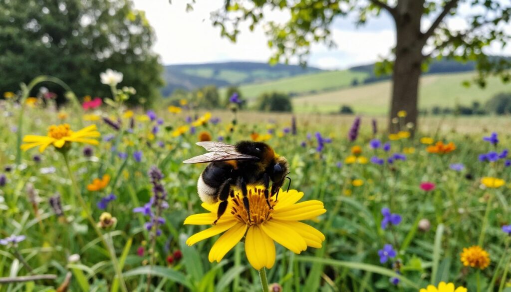A vibrant scene depicting a black bee (czarna pszczoła) in a lush national park, surrounded by colorful wildflowers and greenery. In the foreground, focus on the black bee gently landing on a bright yellow flower, showcasing its detailed body and delicate wings. The middle ground features a variety of blooming native plants, creating a rich tapestry of color and life, while soft sunlight filters through the leaves overhead, casting a warm glow. The background reveals a tranquil landscape filled with rolling hills and distant trees, enhancing the sense of a serene natural habitat. The overall mood is peaceful and hopeful, reflecting the importance of wildlife conservation and the recent observations of this species. Capture the scene with natural lighting and a slightly elevated angle to emphasize the bee and its surroundings, creating an immersive experience. A vibrant scene depicting a black bee (czarna pszczoła) in a lush national park, surrounded by colorful wildflowers and greenery. In the foreground, focus on the black bee gently landing on a bright yellow flower, showcasing its detailed body and delicate wings. The middle ground features a variety of blooming native plants, creating a rich tapestry of color and life, while soft sunlight filters through the leaves overhead, casting a warm glow. The background reveals a tranquil landscape filled with rolling hills and distant trees, enhancing the sense of a serene natural habitat. The overall mood is peaceful and hopeful, reflecting the importance of wildlife conservation and the recent observations of this species. Capture the scene with natural lighting and a slightly elevated angle to emphasize the bee and its surroundings, creating an immersive experience.