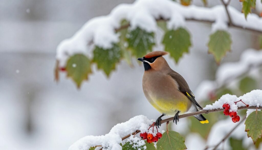 A vibrant scene depicting a vibrant "jemiołuszka" (waxwing) perched on a branch adorned with winter berries. The foreground features the bird with its striking yellow and red wing tips, alongside a soft focus of snowflakes gently falling around it. In the middle ground, lush green leaves contrast with the white of the snow, while a blurred hint of other winter foliage adds depth. The background captures a wintry landscape with softly falling snow and muted, frosted trees, evoking a serene winter atmosphere. The lighting is soft and diffused, simulating the gentle light of a cool, overcast winter day. The mood is calm and peaceful, perfect for illustrating the beauty of winter birds in Poland.