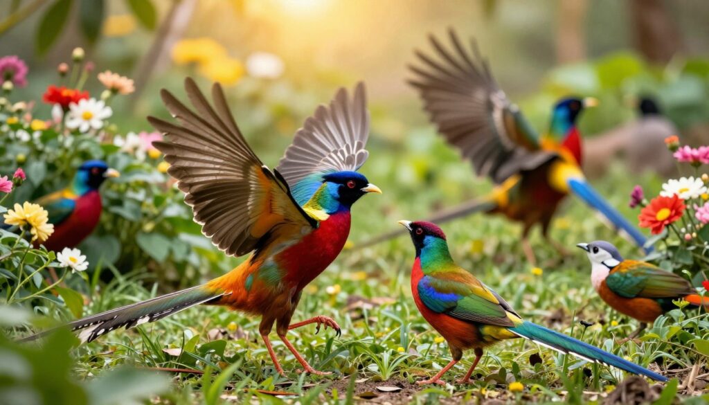 A vibrant scene depicting the courtship rituals of birds during mating season. In the foreground, a pair of brightly colored male birds displaying their feathers and performing intricate dances to attract a female, showing excitement and energy. In the middle ground, lush greenery and blooming flowers create a romantic atmosphere, with other birds in the background engaged in similar courtship displays. The sunlight filters through the leaves, casting a warm golden glow over the scene. The angle captures the dynamic movement and interaction between the birds, emphasizing their vibrant colors and detailed plumage. The overall mood is lively and celebratory, embodying the beauty of nature during the breeding season.