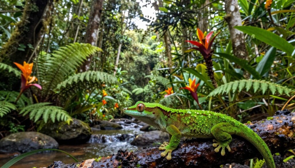 A vibrant scene depicting the natural habitat of New Caledonia, focusing on a lush rainforest setting. In the foreground, include a close-up of a beautiful, vibrant green crown gecko perched on a moist branch, its intricate scales glistening with dew. The middle ground should feature dense foliage, ferns, and colorful tropical flowers, with a gentle stream trickling through rocks, creating a serene atmosphere. In the background, tall trees reach towards the sky, dappled sunlight filtering through the leaves, casting soft shadows. The mood is tranquil and lush, evoking the unique biodiversity of New Caledonia's ecosystem. Use soft, natural lighting to enhance the colors and create a sense of calm in this idyllic setting.
