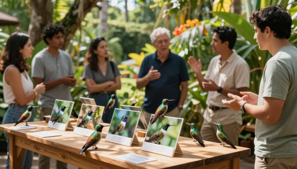 A vibrant scene set in a lush, tropical environment, focusing on an array of colorful hummingbird species perched elegantly in a natural setting. In the foreground, showcase a wooden display table adorned with various vibrant photographs of hummingbirds alongside small informational placards, hinting at their sale. The middle ground features a group of ethically-dressed individuals engaged in discussion, one person gesturing passionately. In the background, a blurred glimpse of an exotic garden filled with flowering plants and trees creates a serene ambiance. Soft, natural sunlight filters through the leaves, casting dappled shadows on the scene, enhancing the warmth and inviting nature of the setting. The overall mood is one of curiosity and contemplation, reflecting the complexities surrounding the sale of these birds. A vibrant scene set in a lush, tropical environment, focusing on an array of colorful hummingbird species perched elegantly in a natural setting. In the foreground, showcase a wooden display table adorned with various vibrant photographs of hummingbirds alongside small informational placards, hinting at their sale. The middle ground features a group of ethically-dressed individuals engaged in discussion, one person gesturing passionately. In the background, a blurred glimpse of an exotic garden filled with flowering plants and trees creates a serene ambiance. Soft, natural sunlight filters through the leaves, casting dappled shadows on the scene, enhancing the warmth and inviting nature of the setting. The overall mood is one of curiosity and contemplation, reflecting the complexities surrounding the sale of these birds.