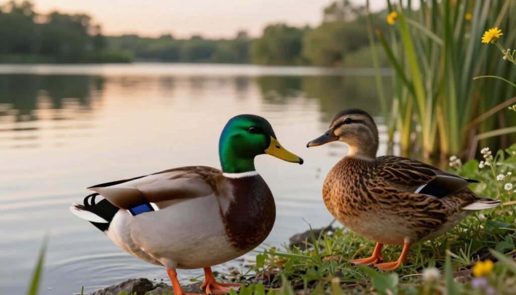 A vibrant scene showcasing a male and female common mallard (Anas platyrhynchos) in a serene natural habitat. In the foreground, the striking male features a glossy green head, white neck ring, and chestnut-brown chest, while the female is a mottled brown with an orange bill, displaying distinctive sexual dimorphism. The ducks are positioned near a calm lake, with gentle ripples reflecting the soft light of a golden sunset in the background. Lush greenery, with reeds and wildflowers, frames the scene, enhancing the tranquil atmosphere. The focus is on the ducks, captured in sharp detail with a shallow depth of field, creating a warm and inviting mood, perfect for illustrating their unique features and behaviors in their natural environment. A vibrant scene showcasing a male and female common mallard (Anas platyrhynchos) in a serene natural habitat. In the foreground, the striking male features a glossy green head, white neck ring, and chestnut-brown chest, while the female is a mottled brown with an orange bill, displaying distinctive sexual dimorphism. The ducks are positioned near a calm lake, with gentle ripples reflecting the soft light of a golden sunset in the background. Lush greenery, with reeds and wildflowers, frames the scene, enhancing the tranquil atmosphere. The focus is on the ducks, captured in sharp detail with a shallow depth of field, creating a warm and inviting mood, perfect for illustrating their unique features and behaviors in their natural environment.