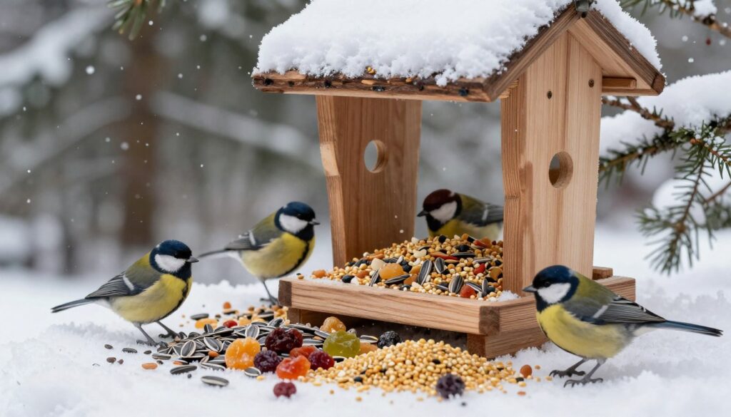 A vibrant scene showcasing a variety of bird feed for winter birds, beautifully arranged in a rustic wooden bird feeder. In the foreground, colorful seeds like sunflower seeds, millet, and dried fruit are artfully scattered, inviting birds to feast. The middle layer features the bird feeder, crafted from natural wood with intricate details, hanging from a snowy branch. In the background, gentle snowfall creates a serene winter atmosphere, with tall evergreen trees softly blurred, evoking a sense of tranquility. The lighting is soft and diffused, capturing the gentle glow of a winter afternoon. The mood is calm and inviting, highlighting the importance of safe food options for birds during winter. No text or other distractions are present in the image. A vibrant scene showcasing a variety of bird feed for winter birds, beautifully arranged in a rustic wooden bird feeder. In the foreground, colorful seeds like sunflower seeds, millet, and dried fruit are artfully scattered, inviting birds to feast. The middle layer features the bird feeder, crafted from natural wood with intricate details, hanging from a snowy branch. In the background, gentle snowfall creates a serene winter atmosphere, with tall evergreen trees softly blurred, evoking a sense of tranquility. The lighting is soft and diffused, capturing the gentle glow of a winter afternoon. The mood is calm and inviting, highlighting the importance of safe food options for birds during winter. No text or other distractions are present in the image.