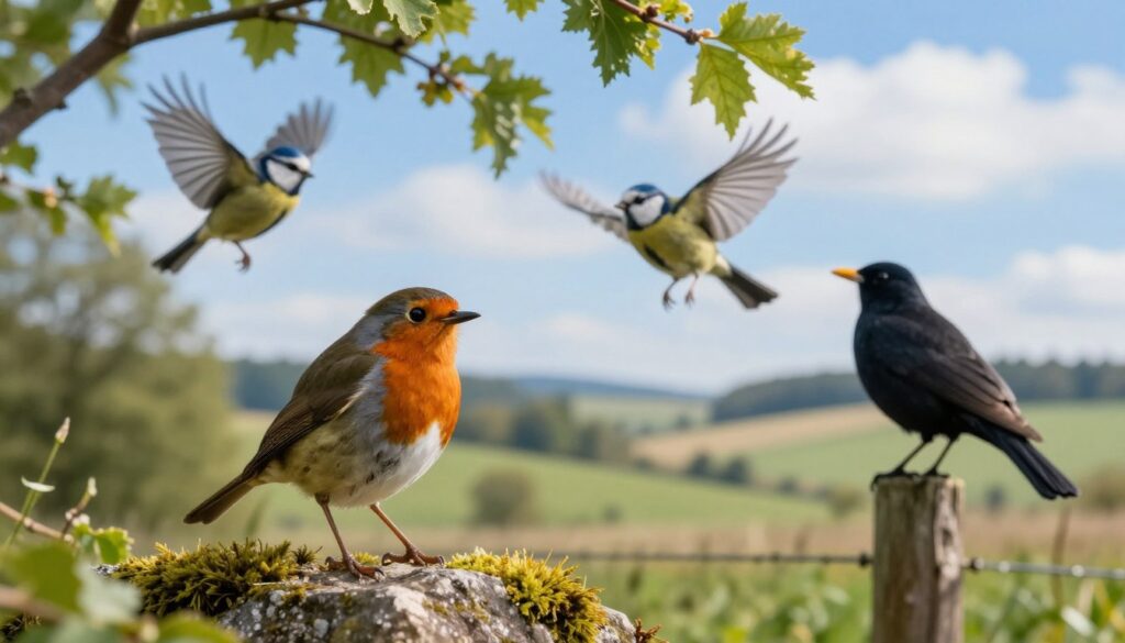 A vibrant scene showcasing some of the most common birds in Poland, such as the European Robin, Eurasian Blue Tit, and Common Blackbird. In the foreground, a European Robin sits on a mossy rock, with its characteristic orange-red chest brightly illuminated by soft morning light. In the middle ground, a pair of Eurasian Blue Tits flit playfully amongst leafy branches, while a Common Blackbird perches gracefully nearby on a fence post. The background features a lush, sun-drenched Polish landscape, with rolling hills and a clear blue sky dotted with fluffy clouds. The atmosphere is serene and lively, capturing the essence of a peaceful morning in nature. The composition is balanced with a natural depth of field, accentuating the beauty of these birds.