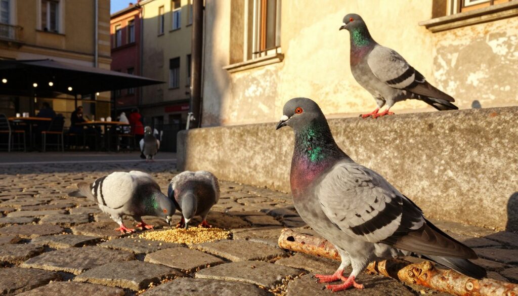 A vibrant scene showcasing three types of pigeons prominent in urban environments. In the foreground, a wild pigeon with iridescent feathers, nestled on a branch, its keen eyes scanning the surroundings. In the middle ground, a pair of city pigeons pecking at grains on a cobblestone path, contrasting with their urban backdrop, where weathered buildings and a bustling cafe provide context. In the background, a more regal racing pigeon perched on a raised ledge, its sleek form suggesting endurance and grace. The lighting is warm and golden, evoking late afternoon sunlight, creating long shadows and enhancing the rich hues of the pigeons' plumage. The atmosphere is lively yet serene, capturing the essence of urban birdlife.