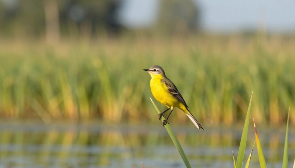 A vibrant yellow wagtail (pliszka żółta) perched gracefully on a slender green reed in a sunlit marshland. The bird, with its bright yellow belly contrasting against the delicate gray and black plumage on its back, is shown in sharp focus while surrounded by softly blurred elements of nature. In the middle ground, lush green grass and a shimmering pond reflect the golden sunlight, enhancing the lively atmosphere. The background features a soft-focus mix of gentle woodland edges and distant blue sky, suggesting a serene and natural habitat. The mood is tranquil and hopeful, capturing the essence of this migratory bird amid its seasonal changes. The image is illuminated with warm, natural lighting, giving it a lively and inviting tone.