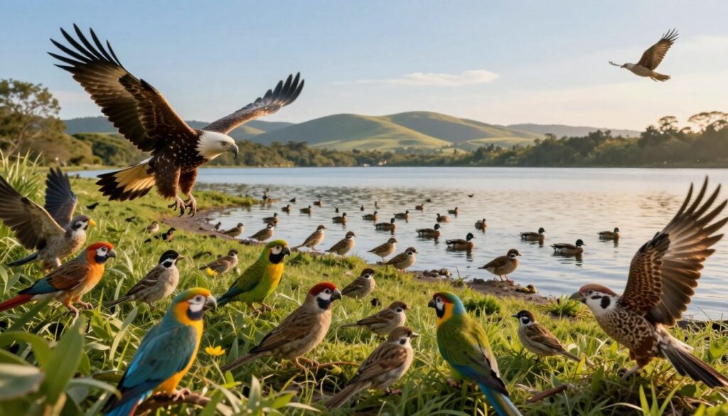 A visually captivating depiction of global bird population diversity, showcasing a variety of bird species in their natural habitats. In the foreground, a vibrant array of different birds, such as the majestic eagle, colorful parrots, and delicate sparrows, flit among lush greenery. The middle ground features a serene lakeside where flocks of waterfowl gather, adding to the scene's liveliness. In the background, rolling hills and a clear blue sky stretch across the horizon, hinting at the vastness of the world's ecosystems. The lighting is warm and inviting, suggesting a golden hour ambiance with soft shadows. The mood conveys a sense of exploration and appreciation for avian life, capturing the essence of bird abundance and species variation around the globe.