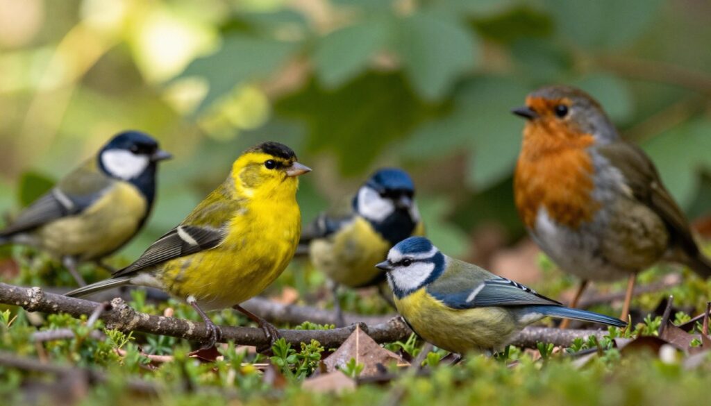 A vivid scene featuring a variety of birds with distinctive yellow bellies, set in a lush, green forest environment. In the foreground, capture a bright European Goldfinch perched on a branch, its yellow underbelly shining in the soft sunlight. Nearby, include a small Eurasian Blue Tit, its vibrant colors contrasting with the yellow. In the middle ground, depict a few more species, such as a charming Great Tit and a hungry Robin, foraging on the forest floor, highlighting their unique features. The background reveals gentle, blurred foliage, with dappled sunlight filtering through, creating a serene and inviting atmosphere. Use soft, natural lighting for a warm feel, and employ a shallow depth of field to focus on the birds while softly blurring the background, enhancing their visibility as the main subject.