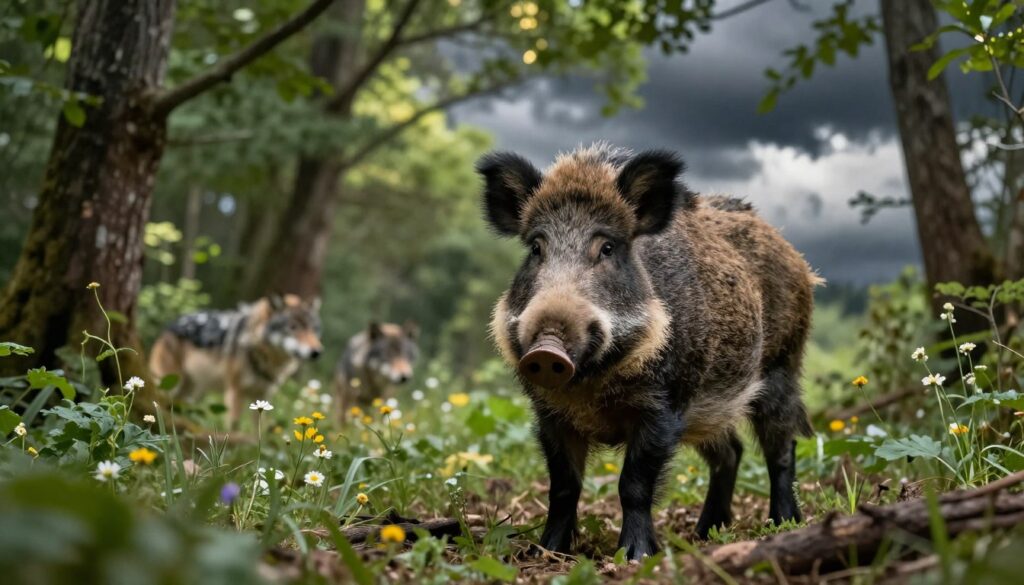 A wild boar standing cautiously in a dense forest, illustrating the various threats it faces in nature, such as disease and predators. In the foreground, the boar is detailed with a bristly coat and alert eyes, set against a backdrop of lush greenery and dappled sunlight filtering through the leaves. In the middle ground, subtle hints of lurking predators like wolves can be seen among the trees, while scattered wildflowers add color to the scene. In the background, ominous storm clouds gather, suggesting harsh weather conditions. The lighting is natural, with a focus on the textures of the boar’s fur and the surrounding vegetation, creating a tense yet beautiful atmosphere that emphasizes the struggles of wildlife survival. The composition is shot from a slightly low angle to enhance the majesty and vulnerability of the boar. A wild boar standing cautiously in a dense forest, illustrating the various threats it faces in nature, such as disease and predators. In the foreground, the boar is detailed with a bristly coat and alert eyes, set against a backdrop of lush greenery and dappled sunlight filtering through the leaves. In the middle ground, subtle hints of lurking predators like wolves can be seen among the trees, while scattered wildflowers add color to the scene. In the background, ominous storm clouds gather, suggesting harsh weather conditions. The lighting is natural, with a focus on the textures of the boar’s fur and the surrounding vegetation, creating a tense yet beautiful atmosphere that emphasizes the struggles of wildlife survival. The composition is shot from a slightly low angle to enhance the majesty and vulnerability of the boar.