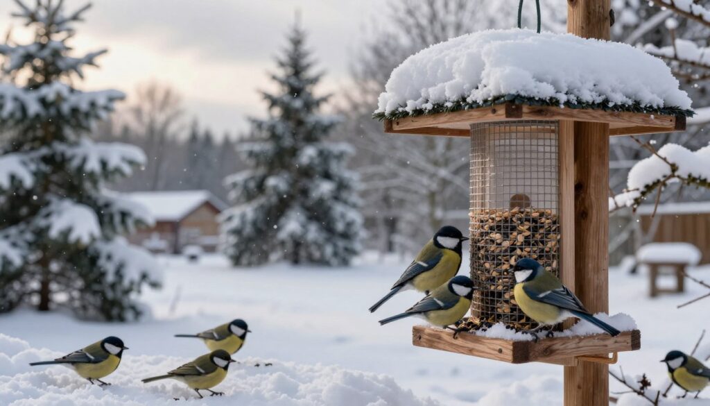 A winter garden scene featuring a wooden bird feeder (karmnik) filled with seeds, surrounded by freshly fallen snow. In the foreground, a couple of Eurasian blue tits and a great tit are perched on the feeder, while a sparrow forages in the snow below. The middle ground showcases a snowy landscape with evergreen trees lightly dusted with snowflakes. The background presents a soft, gray winter sky with hints of sunlight breaking through, creating a serene atmosphere. The lighting is soft and diffused, enhancing the peaceful winter mood. Capture this scene from a slightly elevated angle to convey depth and the important role of the bird feeder in attracting winter birds.
