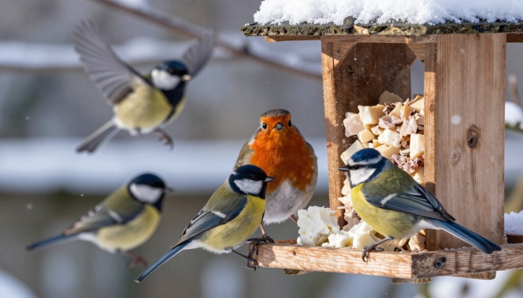 A wooden bird feeder filled with fresh, chunks of lard, surrounded by various winter birds. In the foreground, a fluffy Eurasian Blue Tit perched on the edge, its vibrant blue and yellow feathers contrasting against the white lard. Nearby, a Great Tit approaches cautiously, its black and white head clearly visible. In the middle ground, a Robin hops closer, showcasing its distinctive red breast, while a few finches flutter in the background. The scene is set in a snowy garden with delicate snowflakes falling, creating a tranquil winter atmosphere. Soft daylight filters through the branches of nearby trees, casting gentle shadows. The composition should be shot at a slight upward angle to capture the birds' interaction with the feeder, emphasizing a serene and inviting scene in nature.
