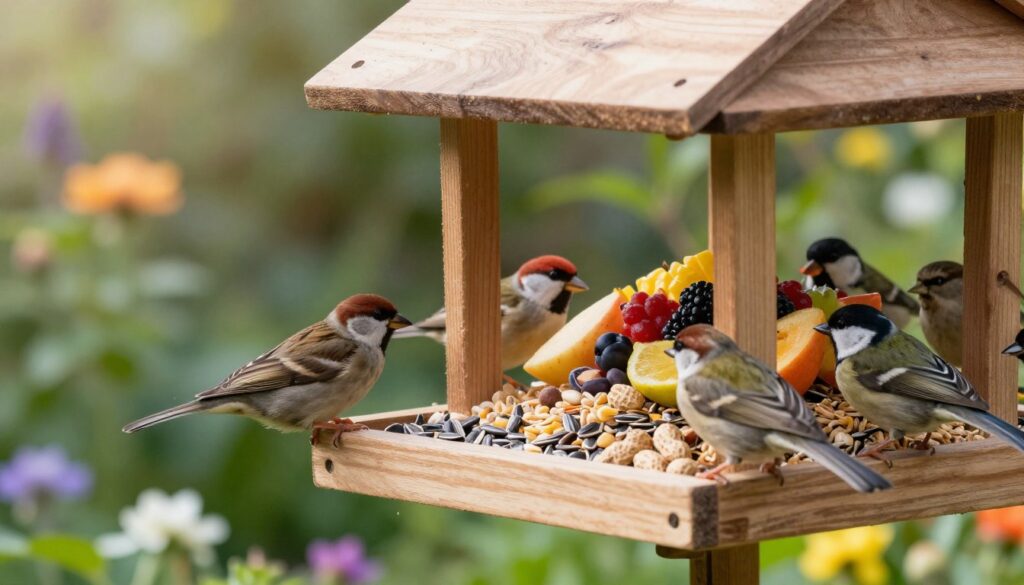 A wooden bird feeder, intricately designed, filled with an assortment of grains, seeds, nuts, and vibrant fruits, surrounded by small, colorful birds such as finches, sparrows, and chickadees eagerly pecking at the food. The foreground showcases the feeder adorned with sunflower seeds and peanuts, with tiny birds perched nearby, showcasing their delicate features and lively expressions. In the middle ground, a lush garden filled with green foliage and blooming flowers sets a serene backdrop. Soft sunlight filters through the leaves, creating a warm, inviting atmosphere, while a shallow depth of field gently blurs the garden behind the feeder. The image should evoke a sense of harmony with nature, emphasizing the joy of bird feeding.