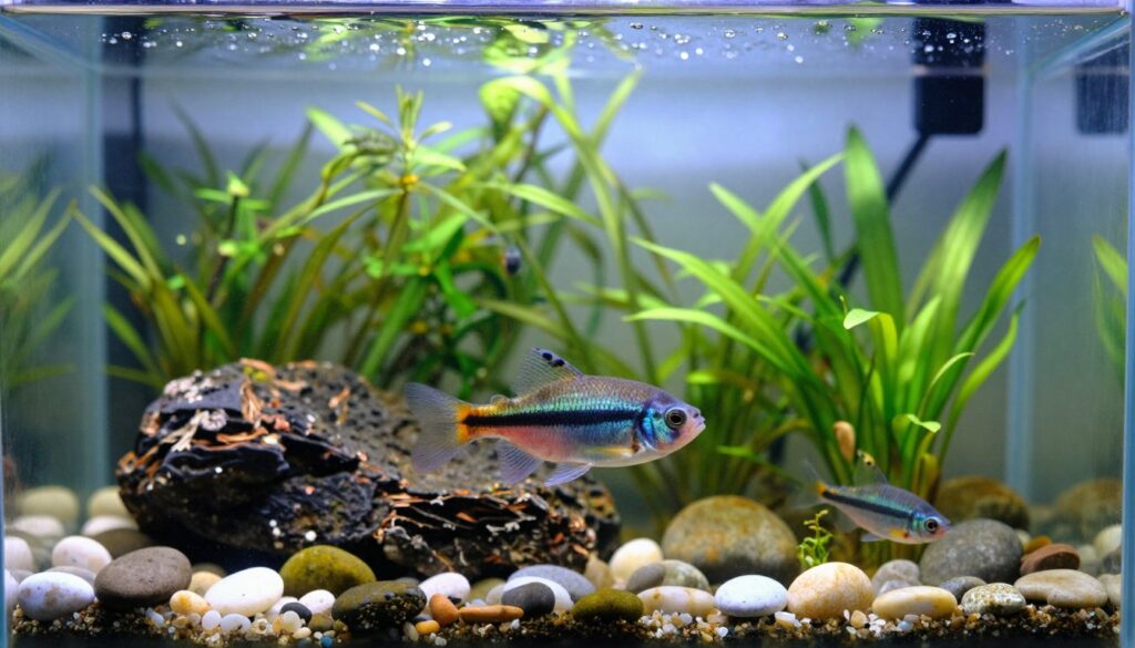 An elegantly arranged aquarium featuring a vibrant, healthy algae eater prominently in the foreground. The fish glides gently among well-placed rocks and aquatic plants, showcasing its unique patterns and colors. In the middle, a lush array of greenery creates a natural habitat, with various sizes of pebbles lining the bottom to enhance the aesthetic. The background softly blends into a gentle blue hue, reminiscent of clear water, with subtle bubbles rising to the surface. Delicate lighting filters through the water, creating shimmering reflections and a tranquil atmosphere. The camera angle is slightly above the water line, capturing the beauty of the aquarium while emphasizing the importance of a well-planned aquatic environment for fish longevity.