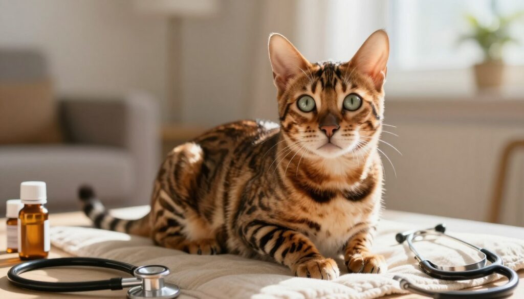 A Bengal cat with a striking coat pattern featuring vivid spots and rosettes sits elegantly on a soft, sunlit cushion in a cozy home environment. In the foreground, the cat's expressive eyes reflect both curiosity and concern, highlighting its health. Surrounding the cat, subtle hints of common health concerns, such as medication bottles and a vet's stethoscope, are placed gently on a table nearby, emphasizing the importance of health monitoring. In the background, a warm, inviting room with soft lighting creates a tranquil atmosphere, suggesting a sanctuary for pet care. The angle is slightly above, giving a comprehensive view of the setting while keeping focus on the Bengal cat's health and wellness. The overall mood is calm, yet informative, capturing the essence of vigilance in pet health. A Bengal cat with a striking coat pattern featuring vivid spots and rosettes sits elegantly on a soft, sunlit cushion in a cozy home environment. In the foreground, the cat's expressive eyes reflect both curiosity and concern, highlighting its health. Surrounding the cat, subtle hints of common health concerns, such as medication bottles and a vet's stethoscope, are placed gently on a table nearby, emphasizing the importance of health monitoring. In the background, a warm, inviting room with soft lighting creates a tranquil atmosphere, suggesting a sanctuary for pet care. The angle is slightly above, giving a comprehensive view of the setting while keeping focus on the Bengal cat's health and wellness. The overall mood is calm, yet informative, capturing the essence of vigilance in pet health.