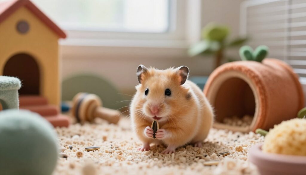 A Syrian hamster sitting comfortably in a spacious, well-decorated habitat, surrounded by colorful furniture and small tunnels. In the foreground, capture the hamster with its fluffy golden fur, bright black eyes, and tiny paws holding a sunflower seed. The middle ground features plush bedding and chew toys, creating a warm and inviting home environment. In the background, show soft natural lighting streaming through a window, illuminating the habitat and lending a cozy, peaceful atmosphere. The scene should evoke a sense of care and happiness, perfect for an engaging pet-friendly environment. Use a shallow depth of field to focus on the hamster while gently blurring the surroundings, enhancing its visual appeal.