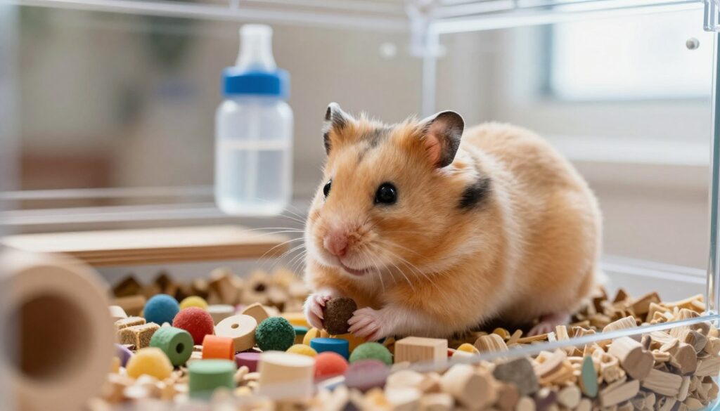 A Syrian hamster sitting comfortably inside a clean, well-decorated habitat, showcasing its distinct golden-brown fur and soft white underbelly. In the foreground, the hamster is actively exploring a small pile of colorful wooden chew toys, symbolizing playful behavior. The middle layer includes a transparent glass cage that features a cozy bedding area and a water bottle, emphasizing a nurturing environment. The background is softly blurred, hinting at a bright room with natural light streaming in through a nearby window, creating an inviting and warm atmosphere. The overall mood is cheerful and lively, capturing the essence of a beloved pet. Natural daylight enhances the hamster's fur texture, bringing attention to its cute features.