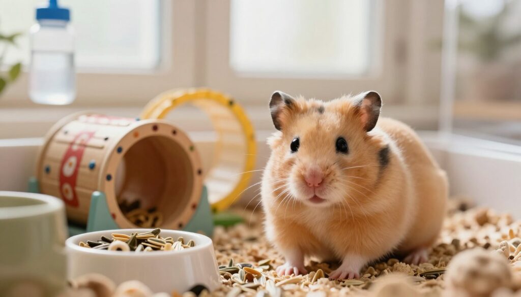 A Syrian hamster sitting in a cozy, well-decorated habitat, showcasing its distinctive golden-brown fur and plump body. The hamster is positioned in the foreground, with its round, curious eyes gazing directly at the viewer, surrounded by soft bedding and a small food bowl filled with seeds. In the middle ground, a colorful wheel and a tunnel provide enrichment, while a small water bottle hangs nearby. The background features a soft-focus image of a warm, inviting room with natural light streaming in through a window, creating a serene atmosphere. The lighting should be soft and warm, highlighting the hamster's fur texture and the details of its environment, evoking a sense of comfort and care.
