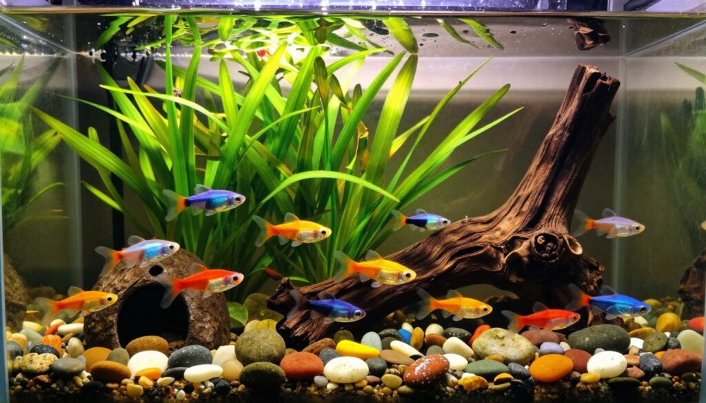 A beautifully arranged aquarium for guppies, showcasing a vibrant underwater scene filled with lush green plants, colorful pebbles, and decorative structures like driftwood and small caves. The foreground features a group of lively guppies in various colors, swimming happily among the plants. The middle ground highlights the plants swaying gently in the water, creating a sense of movement and life. In the background, soft light filters through the water, casting a warm glow and creating a peaceful atmosphere. The scene captures the essence of a safe and inviting environment where guppies can thrive. The overall mood is tranquil and harmonious, with a focus on the health and well-being of the fish. A beautifully arranged aquarium for guppies, showcasing a vibrant underwater scene filled with lush green plants, colorful pebbles, and decorative structures like driftwood and small caves. The foreground features a group of lively guppies in various colors, swimming happily among the plants. The middle ground highlights the plants swaying gently in the water, creating a sense of movement and life. In the background, soft light filters through the water, casting a warm glow and creating a peaceful atmosphere. The scene captures the essence of a safe and inviting environment where guppies can thrive. The overall mood is tranquil and harmonious, with a focus on the health and well-being of the fish.