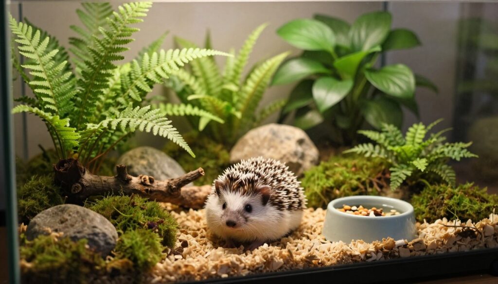 A beautifully arranged terrarium showcasing a cozy environment for a pygmy hedgehog, featuring lush green plants, small rocks, and soft moss. In the foreground, a healthy hedgehog is curled up on a bed of soft bedding, surrounded by miniature branches and vibrant ferns. The middle ground includes a small water dish and a tiny food bowl filled with nutritious options. The background is filled with a variety of leafy plants, providing a natural habitat feel, with soft lighting filtering through the glass, creating a warm and inviting atmosphere. Use a shallow depth of field to bring focus to the hedgehog while softly blurring the terrarium's background. The scene evokes a sense of tranquility and care, ideal for nurturing a pet hedgehog.
