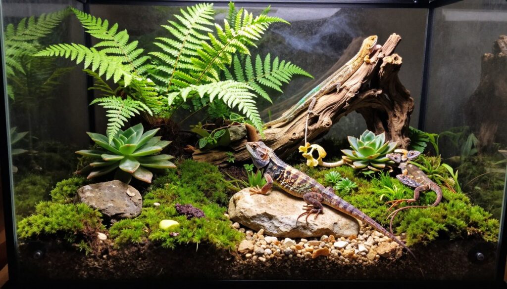 A beautifully arranged terrarium showcasing a variety of lizards nestled among lush greenery, vibrant moss, and small rocks. In the foreground, a colorful lizard with intricate patterns is perched on a stone, basking under soft, natural sunlight filtering through the glass of the terrarium. The middle ground features an assortment of plants, including ferns and succulents, creating a layered effect that highlights the lizards' habitat. In the background, the glass walls of the terrarium glimmer, enhancing the liveliness of the scene. The overall mood is one of tranquility and harmony with nature, reflecting a balanced ecosystem that supports the lizards' well-being. The image should have a warm, inviting color palette, focusing on natural lighting to evoke a sense of life and growth.