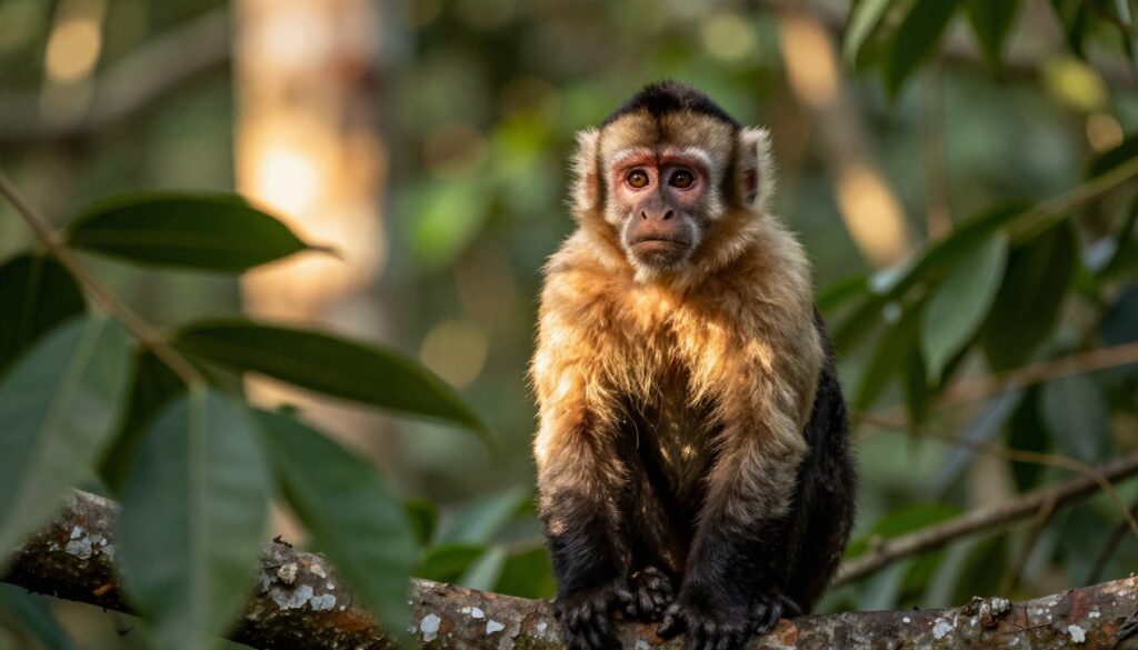 A capuchin monkey sitting thoughtfully on a tree branch, illustrating a moment of solitude and reflection. The focus is on the monkey’s expressive face, showcasing its large, intelligent eyes and subtle frown, conveying a sense of stress and contemplation. In the foreground, lush green leaves frame the scene, creating a natural enclosure. In the middle ground, the monkey's fur shines softly in dappled sunlight filtering through the treetops. The background features a serene jungle scene, with blurred foliage to enhance depth. The overall mood is introspective, capturing the emotional complexity of the monkey’s life. The lighting is warm, evoking a sense of late afternoon calm, with a shallow depth of field to emphasize the subject.