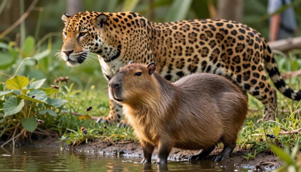 A capybara in a lush, natural habitat, surrounded by its threats in the wild. In the foreground, a capybara stands alert by a water source, showcasing its large, rounded body and soft fur. The middle ground features a stalking jaguar, poised and muscular, illustrating the danger posed by predators. Surrounding them are hints of lurking parasites represented by small, indistinct insects in the vegetation. In the background, a faint human figure in a safe distance, observing nature, symbolizes human interference. The scene is bathed in warm, natural light, emphasizing the serene yet tense atmosphere of the wild, captured with a shallow depth of field to focus on the capybara while slightly blurring the threats behind it.