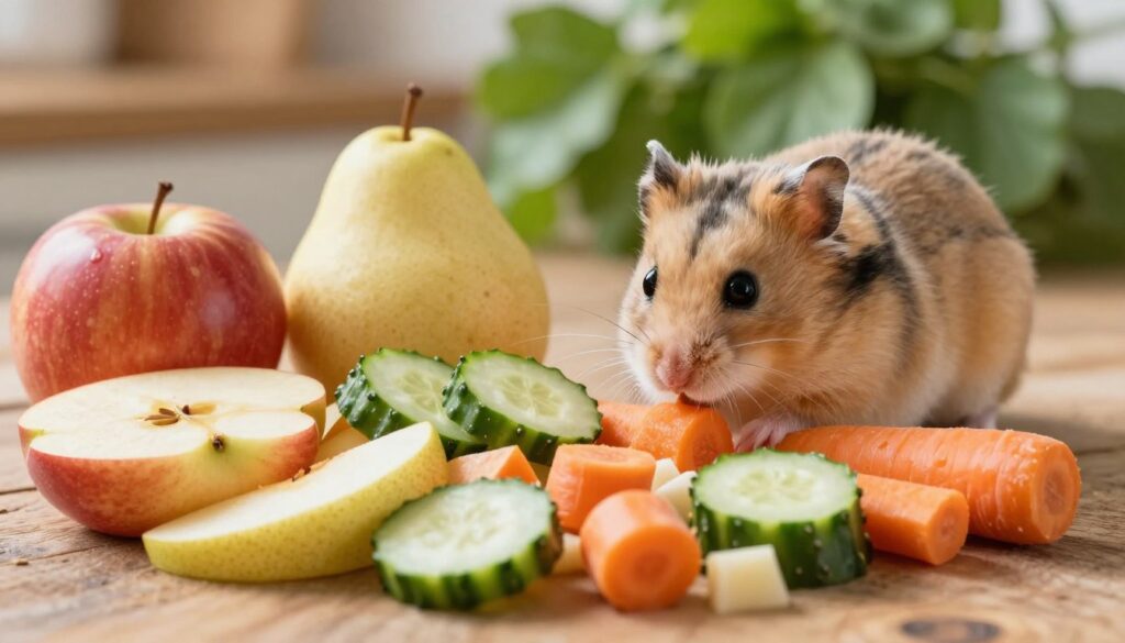 A charming, colorful display of assorted fruits and vegetables suitable for a hamster's diet, arranged neatly on a rustic wooden surface. In the foreground, highlight vibrant slices of apple, pear, and small pieces of cucumber and carrot, creating an inviting and healthy snack option. The middle ground features a soft-focus image of a cute, fluffy hamster curiously sniffing at the fruits, demonstrating its playful nature. In the background, softly blurred green leaves add a touch of nature, enhancing the fresh and healthy atmosphere. The scene is illuminated by warm, natural light, suggesting a cozy kitchen setting, evoking feelings of care and nurturing for small pets. The overall mood is cheerful and wholesome, celebrating healthy alternatives for hamsters.