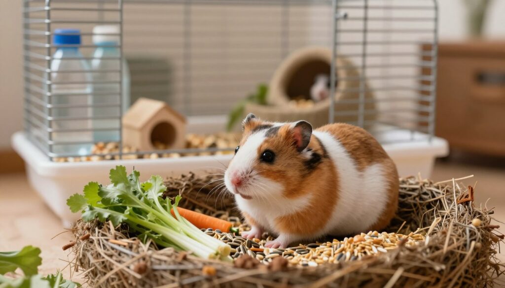 A charming scene featuring a pregnant hamster nestled in a cozy, well-prepared nest made of soft bedding and natural materials. The foreground showcases the hamster, with its rounded belly and gentle expression, surrounded by an assortment of healthy food items like fresh vegetables, seeds, and grains. In the middle ground, the spacious cage is depicted, thoughtfully arranged with water bottles and foraging areas to support the mother and her future young. The background introduces a warm, inviting atmosphere with soft, diffused lighting that creates a nurturing feel, reminiscent of a safe home environment. The composition emphasizes care and health, celebrating the beauty of motherhood in small animals while maintaining a calm and serene ambiance. A charming scene featuring a pregnant hamster nestled in a cozy, well-prepared nest made of soft bedding and natural materials. The foreground showcases the hamster, with its rounded belly and gentle expression, surrounded by an assortment of healthy food items like fresh vegetables, seeds, and grains. In the middle ground, the spacious cage is depicted, thoughtfully arranged with water bottles and foraging areas to support the mother and her future young. The background introduces a warm, inviting atmosphere with soft, diffused lighting that creates a nurturing feel, reminiscent of a safe home environment. The composition emphasizes care and health, celebrating the beauty of motherhood in small animals while maintaining a calm and serene ambiance.