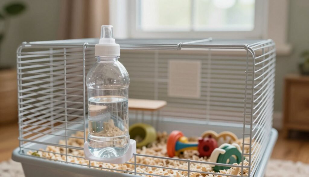 A clean and well-maintained hamster cage set in a cozy indoor setting. In the foreground, a transparent water bottle attached to the cage shows fresh water available for the hamster. The middle ground features soft bedding and a few toys scattered around for stimulation, with a focus on cleanliness. In the background, a window allows soft natural light to illuminate the space, creating a warm and inviting atmosphere. The lens captures the scene from a slightly elevated angle, emphasizing the organized layout and hygiene. The mood is serene and nurturing, reflecting the importance of a clean habitat for the health and well-being of the pet. A clean and well-maintained hamster cage set in a cozy indoor setting. In the foreground, a transparent water bottle attached to the cage shows fresh water available for the hamster. The middle ground features soft bedding and a few toys scattered around for stimulation, with a focus on cleanliness. In the background, a window allows soft natural light to illuminate the space, creating a warm and inviting atmosphere. The lens captures the scene from a slightly elevated angle, emphasizing the organized layout and hygiene. The mood is serene and nurturing, reflecting the importance of a clean habitat for the health and well-being of the pet.
