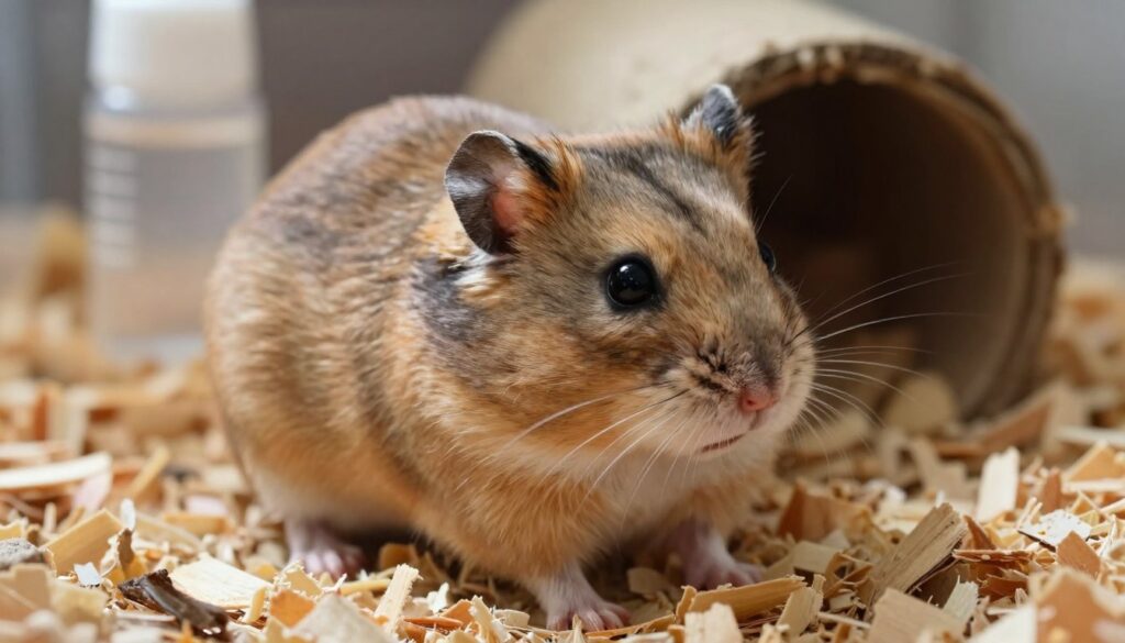 A close-up image of a Dzungarian hamster, showcasing its distinctive features such as its small size, round body, and soft, fluffy fur that is a mix of light browns and grays. The furry creature is sitting in a cozy enclosure filled with natural elements like wood shavings, tiny tunnels, and a small water bottle in the background. The lighting is soft and warm, creating a welcoming atmosphere, with sunlight gently illuminating the hamster's expressive eyes and whiskers, emphasizing its curious nature. The camera angle is slightly above, capturing the hamster in a playful pose, adding a sense of liveliness to the scene, evoking feelings of affection and charm.