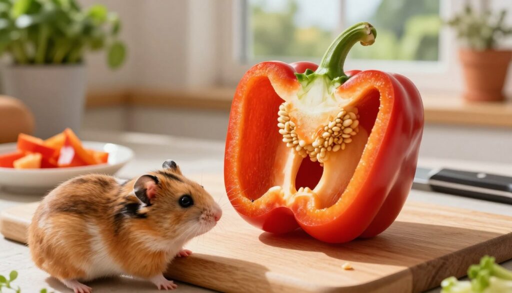 A close-up image of a brightly colored bell pepper, halved to showcase its vibrant interior with seeds visible, resting on a wooden cutting board. In the foreground, small, curious hamsters approach the pepper, their soft fur contrasting with the rich colors of the vegetable. In the middle ground, a clean kitchen setting with a soft-focus knife and a small dish of chopped pepper alongside. The background features sunlit kitchen elements, like herbs in pots and a window showing a sunny garden view. The lighting is warm and inviting, casting gentle shadows that enhance the freshness of the scene. The mood is playful and wholesome, perfect for illustrating preparation steps for a hamster's vegetable snack. A close-up image of a brightly colored bell pepper, halved to showcase its vibrant interior with seeds visible, resting on a wooden cutting board. In the foreground, small, curious hamsters approach the pepper, their soft fur contrasting with the rich colors of the vegetable. In the middle ground, a clean kitchen setting with a soft-focus knife and a small dish of chopped pepper alongside. The background features sunlit kitchen elements, like herbs in pots and a window showing a sunny garden view. The lighting is warm and inviting, casting gentle shadows that enhance the freshness of the scene. The mood is playful and wholesome, perfect for illustrating preparation steps for a hamster's vegetable snack.