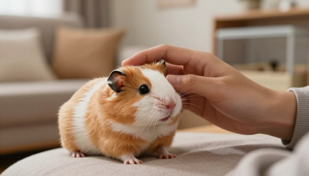 A close-up image of a gentle hand delicately stroking a fluffy Syrian hamster, showcasing the hamster's soft fur and curious expression. The hand, depicted in a light skin tone, is wearing a simple, casual shirt. The setting is a cozy living room with warm, soft lighting that creates a calming atmosphere, enhancing the sense of trust between the human and the hamster. In the background, there are soft cushions and a small hamster enclosure, subtly blurred to keep the focus on the interaction. The angle is slightly above the hand, capturing both the soothing motion and the hamster's delightful response, evoking a sense of comfort and connection during the bonding moment. A close-up image of a gentle hand delicately stroking a fluffy Syrian hamster, showcasing the hamster's soft fur and curious expression. The hand, depicted in a light skin tone, is wearing a simple, casual shirt. The setting is a cozy living room with warm, soft lighting that creates a calming atmosphere, enhancing the sense of trust between the human and the hamster. In the background, there are soft cushions and a small hamster enclosure, subtly blurred to keep the focus on the interaction. The angle is slightly above the hand, capturing both the soothing motion and the hamster's delightful response, evoking a sense of comfort and connection during the bonding moment.