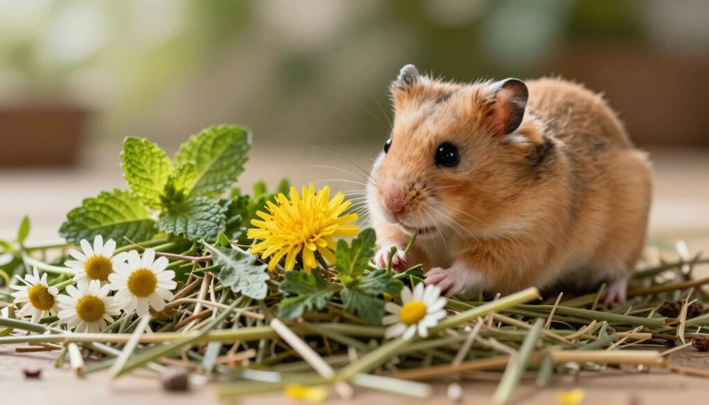 A close-up image of a healthy mix of dried hay and herbs suitable for a Dwarf Hamster's diet. The foreground features a mound of green and brown hay, interspersed with vibrant herbs like chamomile, dandelion leaves, and mint. The middle ground includes a playful Dwarf Hamster curiously exploring the herbs, its small paws gently touching the hay. In the background, a soft, blurred natural setting mimics a cozy environment, with gentle sunlight filtering through, creating a warm, inviting atmosphere. Use a shallow depth of field to emphasize the hamster and the hay, ensuring natural, soft lighting to give a wholesome feel. The overall mood is cheerful and caring, reflecting the importance of a nutritious diet for pet hamsters. A close-up image of a healthy mix of dried hay and herbs suitable for a Dwarf Hamster's diet. The foreground features a mound of green and brown hay, interspersed with vibrant herbs like chamomile, dandelion leaves, and mint. The middle ground includes a playful Dwarf Hamster curiously exploring the herbs, its small paws gently touching the hay. In the background, a soft, blurred natural setting mimics a cozy environment, with gentle sunlight filtering through, creating a warm, inviting atmosphere. Use a shallow depth of field to emphasize the hamster and the hay, ensuring natural, soft lighting to give a wholesome feel. The overall mood is cheerful and caring, reflecting the importance of a nutritious diet for pet hamsters.