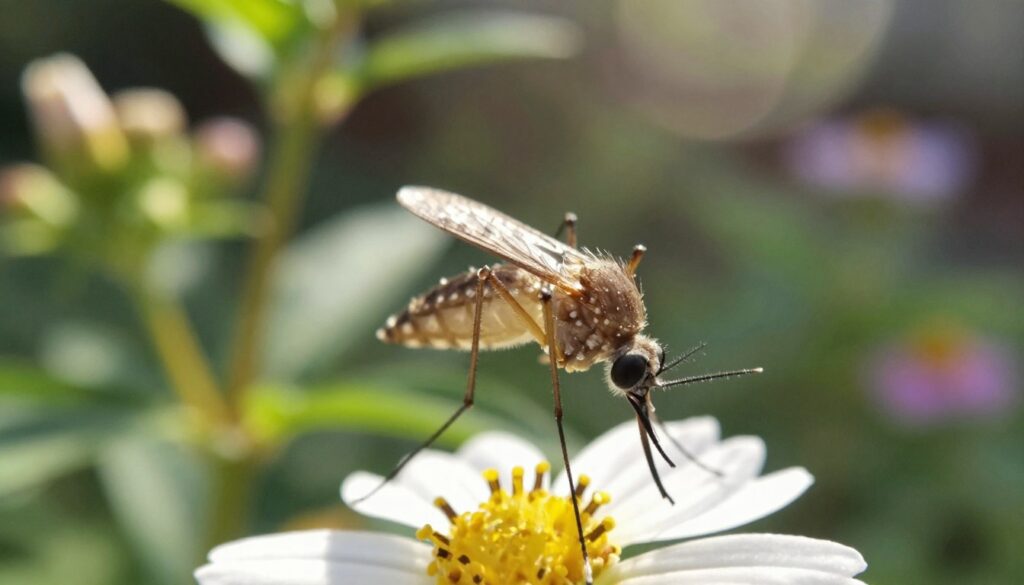 A close-up image of a mosquito (Culex pipiens) perched elegantly on a flower, with its delicate wings catching the sunlight. The mosquito's intricate body details are emphasized, showcasing its proboscis as it gently probes the flower, suggesting a moment of interaction. The background features a soft-focus garden scene with various plants and flowers, creating a vibrant yet serene atmosphere. Natural sunlight filters through the leaves, casting a gentle, dappled light across the scene, adding warmth and life. The composition should be shot from a slightly low angle to emphasize the mosquito's perspective, evoking a sense of intimacy and wonder about its role in nature. The overall mood is tranquil and inviting, capturing the essence of life and survival in the insect world.
