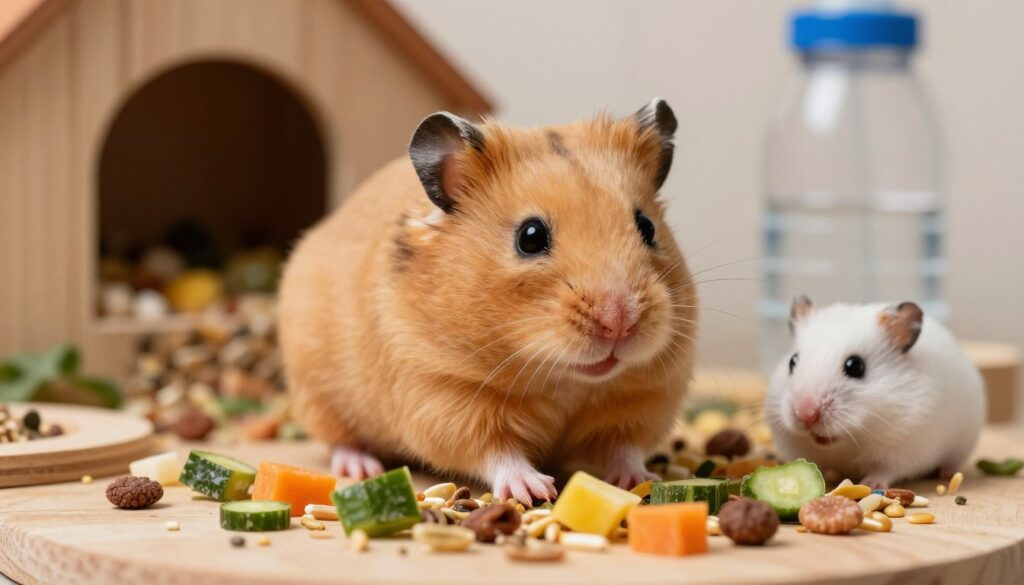 A close-up of a Syrian hamster in a cozy, well-lit living space, showcasing its fluffy golden-brown fur and bright, curious eyes. The hamster is perched on a wooden platform, surrounded by colorful, healthy snacks like small pieces of fresh vegetables and grains, illustrating a proper diet. In the background, a soft-focus habitat includes a cozy bedding area and a water bottle, adding to the homely atmosphere. The lighting is warm and inviting, emphasizing the hamster's texture and the vibrant colors of the snacks. Use a macro lens effect to enhance details, creating an intimate, engaging view that highlights the contrast in dietary needs with the dwarf hamster, set in a peaceful and natural setting. A close-up of a Syrian hamster in a cozy, well-lit living space, showcasing its fluffy golden-brown fur and bright, curious eyes. The hamster is perched on a wooden platform, surrounded by colorful, healthy snacks like small pieces of fresh vegetables and grains, illustrating a proper diet. In the background, a soft-focus habitat includes a cozy bedding area and a water bottle, adding to the homely atmosphere. The lighting is warm and inviting, emphasizing the hamster's texture and the vibrant colors of the snacks. Use a macro lens effect to enhance details, creating an intimate, engaging view that highlights the contrast in dietary needs with the dwarf hamster, set in a peaceful and natural setting.
