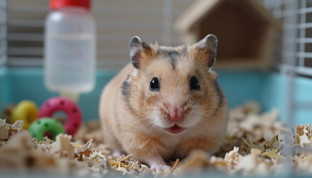 A close-up of a concerned hamster exhibiting signs of illness, such as lethargy and puffed fur, nestled in its cage. The foreground features the hamster lying curled up in soft bedding, showcasing dull eyes and a slightly open mouth, conveying distress. In the middle ground, colorful chew toys and a water bottle are visible, adding context to a typical hamster environment. The background includes blurred cage bars and a faint outline of a cozy corner, enhancing the focus on the hamster. Soft, diffused lighting casts gentle shadows, creating a somber and serious mood, emphasizing the urgency of the situation. The composition is shot at a slight downward angle to draw the viewer's attention directly to the hamster's condition, providing an intimate look into its health issues.