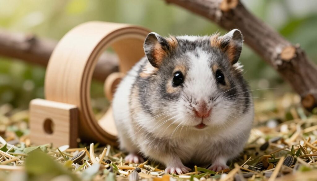 A close-up of a fluffy, healthy Dzungarian hamster showcasing its vibrant fur patterns, with rich shades of gray, white, and hints of brown subtly blending together. The hamster is nestled comfortably in a natural habitat setting with soft, earthy tones in the foreground, including fresh bedding and tiny nibbled seeds. In the middle-ground, a small wooden wheel and climbing branches create an engaging environment, while the background features softly blurred greenery, suggesting a peaceful atmosphere reminiscent of the hamster's natural habitat. The lighting is warm and inviting, with soft morning light illuminating the fur's texture, creating a serene and wholesome mood that emphasizes the importance of proper care for the health and well-being of these adorable pets. A close-up of a fluffy, healthy Dzungarian hamster showcasing its vibrant fur patterns, with rich shades of gray, white, and hints of brown subtly blending together. The hamster is nestled comfortably in a natural habitat setting with soft, earthy tones in the foreground, including fresh bedding and tiny nibbled seeds. In the middle-ground, a small wooden wheel and climbing branches create an engaging environment, while the background features softly blurred greenery, suggesting a peaceful atmosphere reminiscent of the hamster's natural habitat. The lighting is warm and inviting, with soft morning light illuminating the fur's texture, creating a serene and wholesome mood that emphasizes the importance of proper care for the health and well-being of these adorable pets.