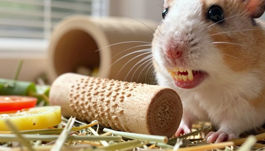 A close-up of a healthy, bright set of rodent teeth, specifically designed for a degus. The foreground features sharp, well-maintained teeth glistening under warm, natural light. In the middle, showcase a textured wooden chew toy essential for dental health, along with fresh hay and crunchy vegetables to illustrate a balanced diet. The background should be a softly blurred view of a clean and cozy cage environment, including safe tunnels and climbing structures. Aim for a bright, cheerful atmosphere that suggests vitality and well-being. Use a macro lens effect to emphasize the details of the teeth and their surroundings, highlighting the importance of dental care in a pet's health. A close-up of a healthy, bright set of rodent teeth, specifically designed for a degus. The foreground features sharp, well-maintained teeth glistening under warm, natural light. In the middle, showcase a textured wooden chew toy essential for dental health, along with fresh hay and crunchy vegetables to illustrate a balanced diet. The background should be a softly blurred view of a clean and cozy cage environment, including safe tunnels and climbing structures. Aim for a bright, cheerful atmosphere that suggests vitality and well-being. Use a macro lens effect to emphasize the details of the teeth and their surroundings, highlighting the importance of dental care in a pet's health.
