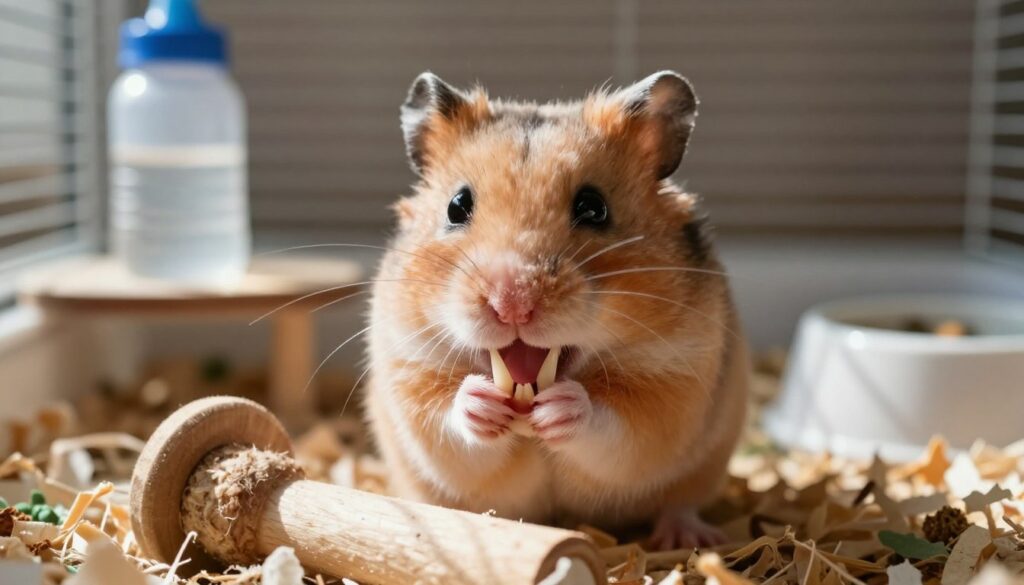 A close-up of a healthy, inquisitive hamster in an indoor cage environment focused on its prominent front teeth, displaying signs of natural wear. The hamster is perched on a platform with shredded paper and wooden chew toys, allowing a clear view of the incisors. The background is softly blurred, featuring a comfortable cage setup with a water bottle and food bowl, adding warmth to the scene. Soft, natural daylight filters in, casting gentle shadows that highlight the hamster's textures and the surrounding elements. The atmosphere conveys a sense of curiosity and playfulness, emphasizing the importance of dental health in small pets. A close-up of a healthy, inquisitive hamster in an indoor cage environment focused on its prominent front teeth, displaying signs of natural wear. The hamster is perched on a platform with shredded paper and wooden chew toys, allowing a clear view of the incisors. The background is softly blurred, featuring a comfortable cage setup with a water bottle and food bowl, adding warmth to the scene. Soft, natural daylight filters in, casting gentle shadows that highlight the hamster's textures and the surrounding elements. The atmosphere conveys a sense of curiosity and playfulness, emphasizing the importance of dental health in small pets.