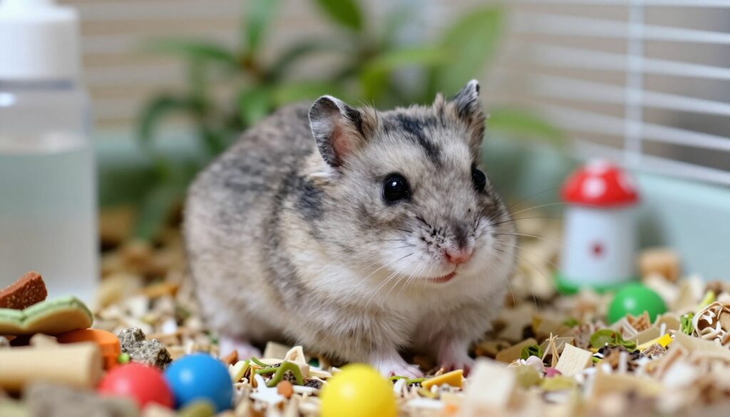 A close-up of a lively Dzungarian hamster in its natural habitat, showcasing its distinctive features such as the soft, grey fur with a white underbelly and small, bright eyes. The hamster is playfully nestled amidst fresh bedding and small colorful toys in a spacious cage, with a water bottle and a variety of healthy snacks in the foreground. In the middle ground, subtle hints of greenery and miniature decorations create a cozy atmosphere. The background is slightly blurred to focus on the hamster, using soft, natural lighting to enhance the texture of its fur and the warmth of its environment. The overall mood is cheerful and inviting, reflecting the adorable nature of this popular hamster species.