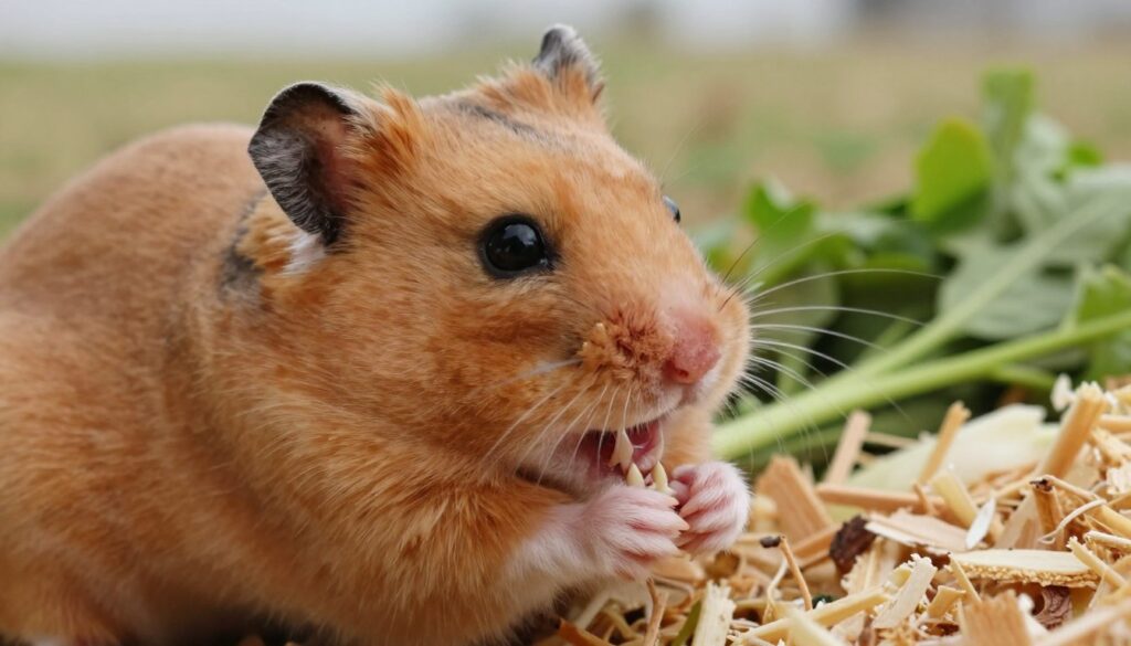 A close-up of hamster teeth, showcasing their sharp, chisel-like structure, essential for gnawing in their natural habitat. The foreground includes vibrant, textured fur of a hamster with bright, curious eyes partially visible. The middle ground displays natural elements such as wood shavings and fresh vegetables, illustrating a typical environment for hamsters where they can forage and chew. The background features subtle hints of a soft, grassy landscape, adding depth and context. Use natural, warm lighting to create a cozy atmosphere, emphasizing the hamster's features and habitat. The image should be captured at eye level with a soft focus to draw attention to the teeth, evoking curiosity about their anatomy and the natural behaviors associated with them.