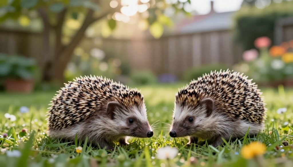 A close-up view of a European hedgehog (Erinaceus europaeus) and a domestic hedgehog (Atelerix albiventris) side by side in a natural garden setting, showcasing their differences in size, coloration, and texture. The foreground features the hedgehogs exploring lush green grass dotted with small wildflowers. In the middle ground, a soft, dappled sunlight filters through the leaves of nearby trees, creating a warm and inviting atmosphere. The background captures a blurred garden with a hint of a wooden fence and colorful flowers, emphasizing the tranquility of a suburban habitat. Use a shallow depth of field to focus on the hedgehogs while softly blurring the background, enhancing the serene mood of the scene. The overall lighting is soft and natural, suggesting an early morning or late afternoon setting. A close-up view of a European hedgehog (Erinaceus europaeus) and a domestic hedgehog (Atelerix albiventris) side by side in a natural garden setting, showcasing their differences in size, coloration, and texture. The foreground features the hedgehogs exploring lush green grass dotted with small wildflowers. In the middle ground, a soft, dappled sunlight filters through the leaves of nearby trees, creating a warm and inviting atmosphere. The background captures a blurred garden with a hint of a wooden fence and colorful flowers, emphasizing the tranquility of a suburban habitat. Use a shallow depth of field to focus on the hedgehogs while softly blurring the background, enhancing the serene mood of the scene. The overall lighting is soft and natural, suggesting an early morning or late afternoon setting.