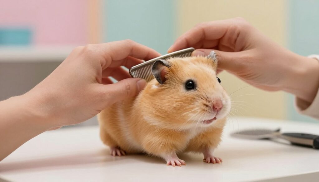 A close-up view of a Syrian hamster being gently groomed. The foreground features a person's hands, adorned with clean, modest attire, delicately brushing the soft, fluffy fur of the hamster with a small comb. In the middle, the hamster is calm and relaxed, exhibiting its light golden and cream-colored coat, while its tiny paws are visible, showcasing well-groomed nails. The background is softly blurred, depicting a cozy pet grooming area with pastel-colored walls and a few small pet grooming tools neatly arranged. The lighting is warm and inviting, creating a soothing atmosphere that emphasizes care and tenderness. The overall mood is nurturing and peaceful, perfect for illustrating the importance of proper grooming without the need for baths.