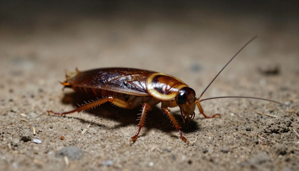 A close-up view of a cockroach (karaluch) on a textured, dry surface, highlighting its resilience and adaptability in a challenging environment. The cockroach should be realistic, with intricate details on its exoskeleton, legs, and antennae shown clearly. In the background, a dimly lit, arid setting hints at desolation, emphasizing the absence of water. Soft shadows help to create a dramatic contrast while maintaining clarity of the insect's features. Use a macro lens perspective to accentuate the cockroach's nuances, capturing the mood of survival and endurance. The overall lighting should convey a somber yet intriguing atmosphere, inviting curiosity about this remarkable creature's capabilities.