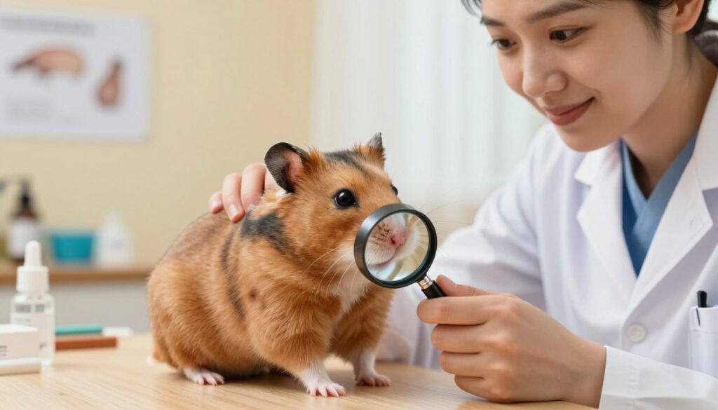 A close-up view of a concerned hamster in a cozy, well-lit veterinary examination room. The hamster, with soft brown fur and large expressive eyes, is gently being examined by a veterinarian wearing a white coat and friendly demeanor. In the foreground, the veterinarian holds a small magnifying glass, examining a tiny bump on the hamster’s side, representing a potential tumor. The background features warm, inviting colors, with medical tools and charts about hamster health subtly displayed on a wooden table. Soft, natural lighting floods the room, creating a calming atmosphere. The image evokes a sense of care and concern for the well-being of the hamster, emphasizing the importance of veterinary attention in such situations.