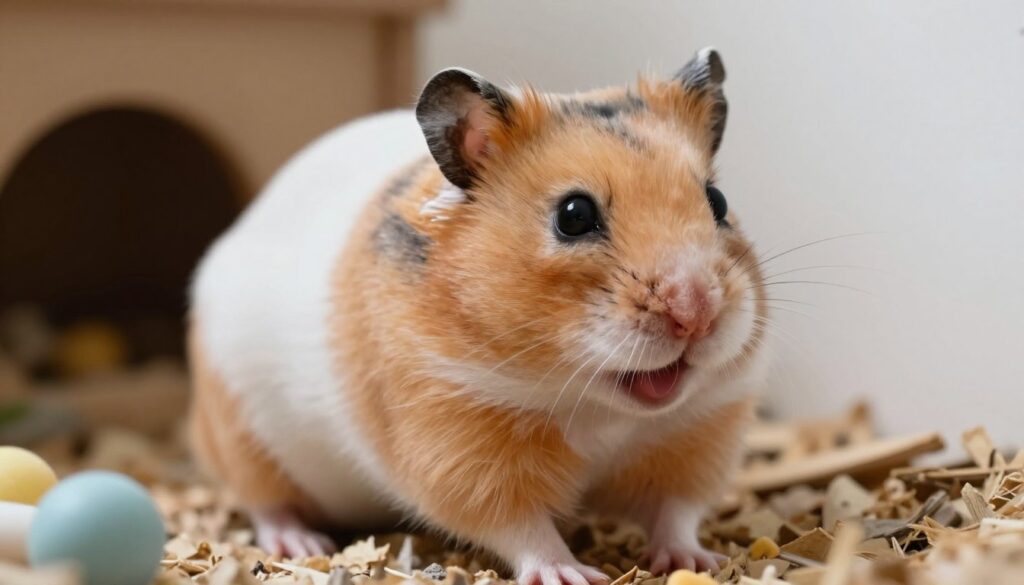 A close-up view of a female hamster exhibiting signs of being in heat, focusing on its vibrant fur coloration and expressive eyes. The hamster is positioned in an engaging pose, showcasing specific behavioral traits such as scent-marking tendencies or playful gestures. Surrounding the hamster, a cozy habitat with soft bedding and small toys creates a warm and inviting atmosphere. Soft, natural lighting filters in from one side, highlighting the textures of the fur and the environment. The background features a gentle blur, ensuring the focus remains on the hamster. The composition captures a sense of curiosity and liveliness, reflecting the unique characteristics of a hamster in its reproductive cycle. A close-up view of a female hamster exhibiting signs of being in heat, focusing on its vibrant fur coloration and expressive eyes. The hamster is positioned in an engaging pose, showcasing specific behavioral traits such as scent-marking tendencies or playful gestures. Surrounding the hamster, a cozy habitat with soft bedding and small toys creates a warm and inviting atmosphere. Soft, natural lighting filters in from one side, highlighting the textures of the fur and the environment. The background features a gentle blur, ensuring the focus remains on the hamster. The composition captures a sense of curiosity and liveliness, reflecting the unique characteristics of a hamster in its reproductive cycle.