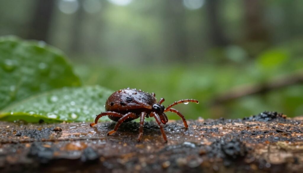 A close-up view of a lone tick on a natural surface, like a leaf or a piece of wood, showing its details such as the segmented body and eight legs. The foreground features the tick in sharp focus, with droplets of water glistening around it, suggesting a recent rain. The middle ground includes soft, lush greenery blurred slightly to emphasize the tick. In the background, a shaded forest scene hints at a humid environment, with dappled sunlight filtering through the leaves, creating a serene but slightly ominous atmosphere. The lighting is soft and diffused, mimicking early morning or late afternoon. The overall mood is one of biological intrigue, highlighting the tick's resilience and ecological role. A close-up view of a lone tick on a natural surface, like a leaf or a piece of wood, showing its details such as the segmented body and eight legs. The foreground features the tick in sharp focus, with droplets of water glistening around it, suggesting a recent rain. The middle ground includes soft, lush greenery blurred slightly to emphasize the tick. In the background, a shaded forest scene hints at a humid environment, with dappled sunlight filtering through the leaves, creating a serene but slightly ominous atmosphere. The lighting is soft and diffused, mimicking early morning or late afternoon. The overall mood is one of biological intrigue, highlighting the tick's resilience and ecological role.